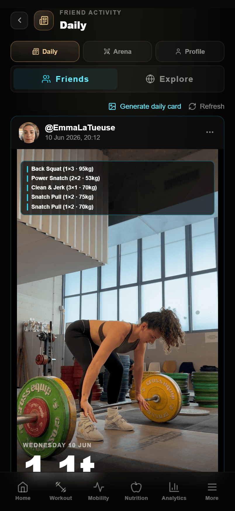 Strength Academy Arena with friend activity feed, daily cards and challenges