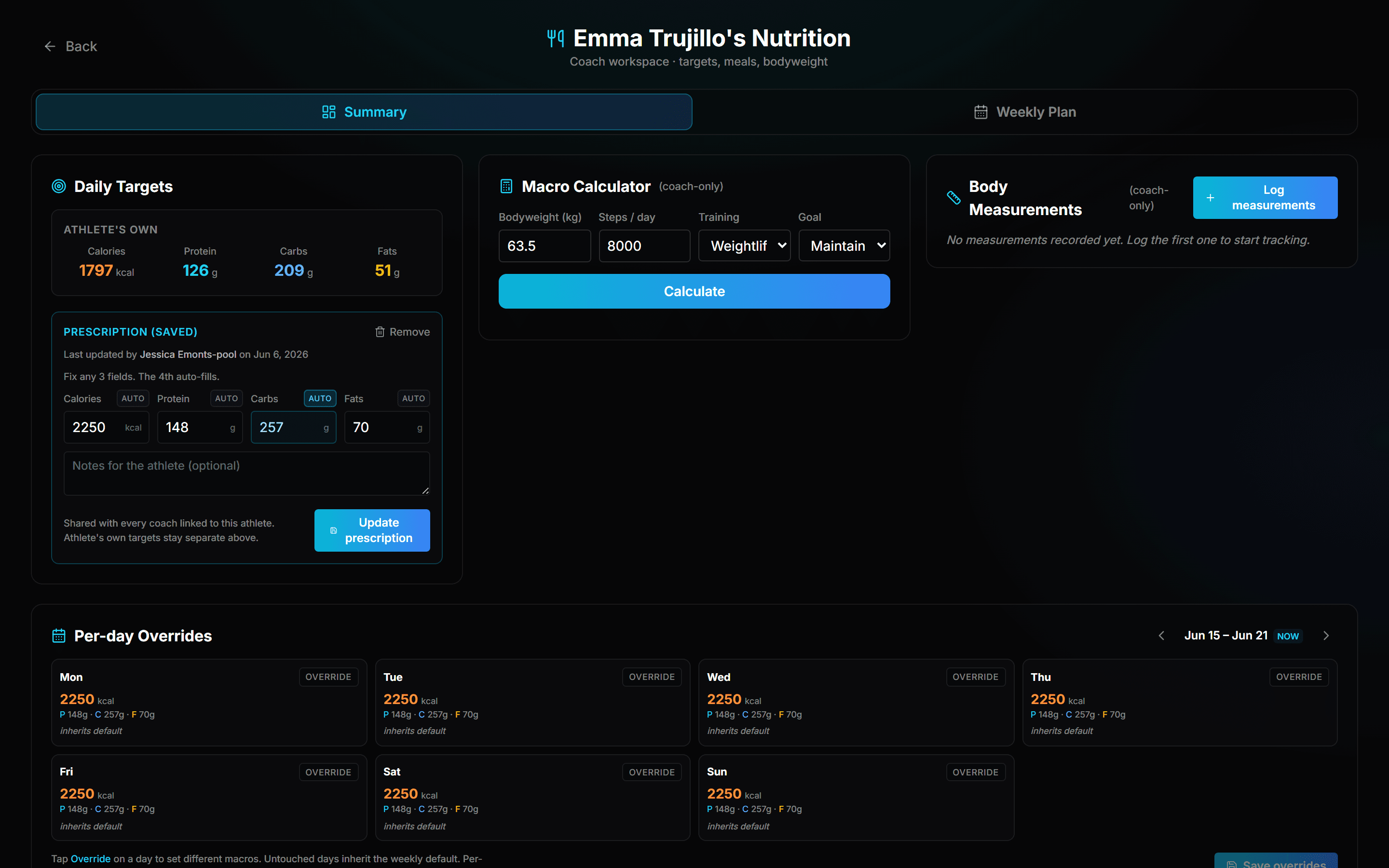 Nutrition & meal planner for athletes
