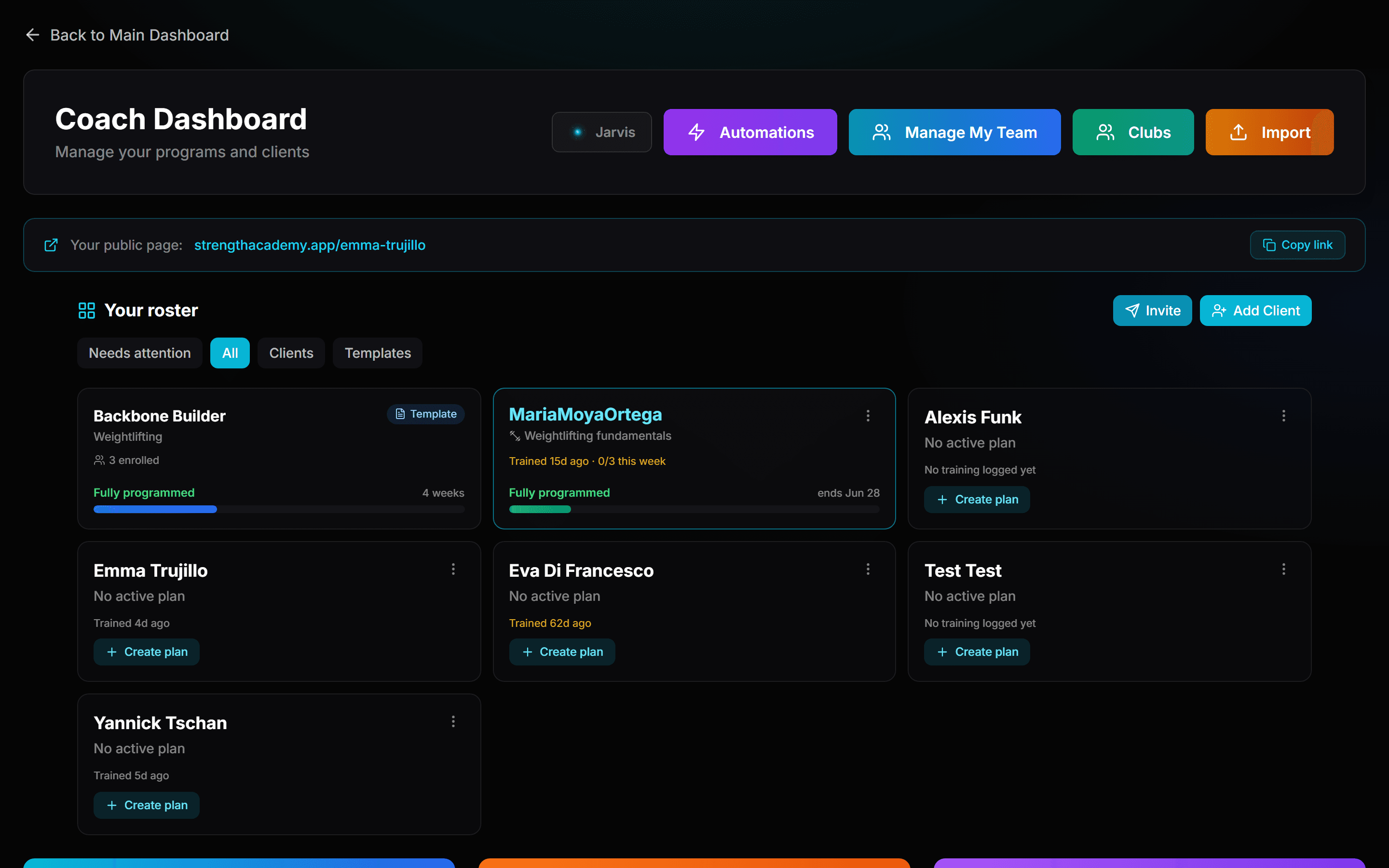 Strength Academy coach dashboard: roster, programs and client management on the web
