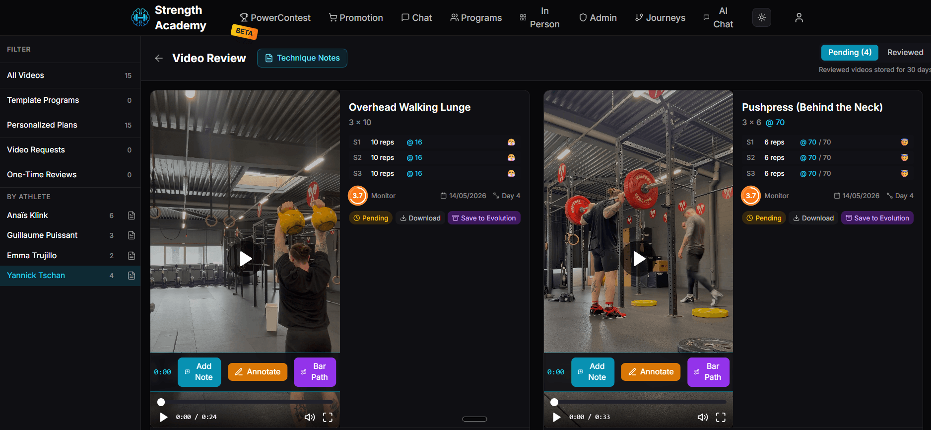 Reviewing a lift video with timestamped coaching notes
