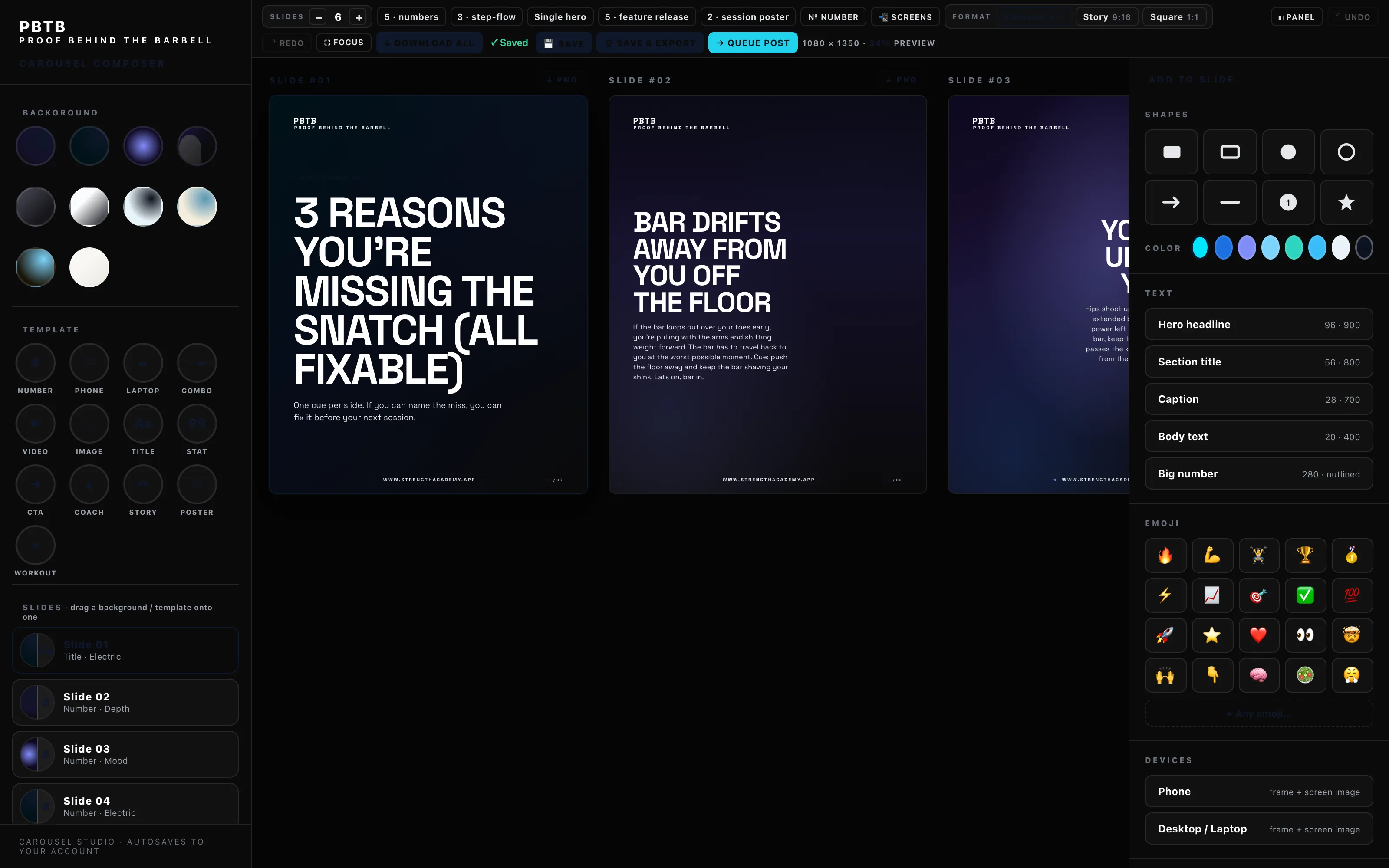 The carousel composer showing finished slides beside the background, template and text controls