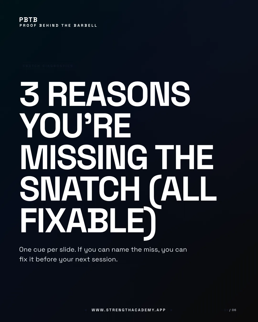 The opening slide of a carousel about three fixable snatch faults, set in the coach’s own wordmark and typeface
