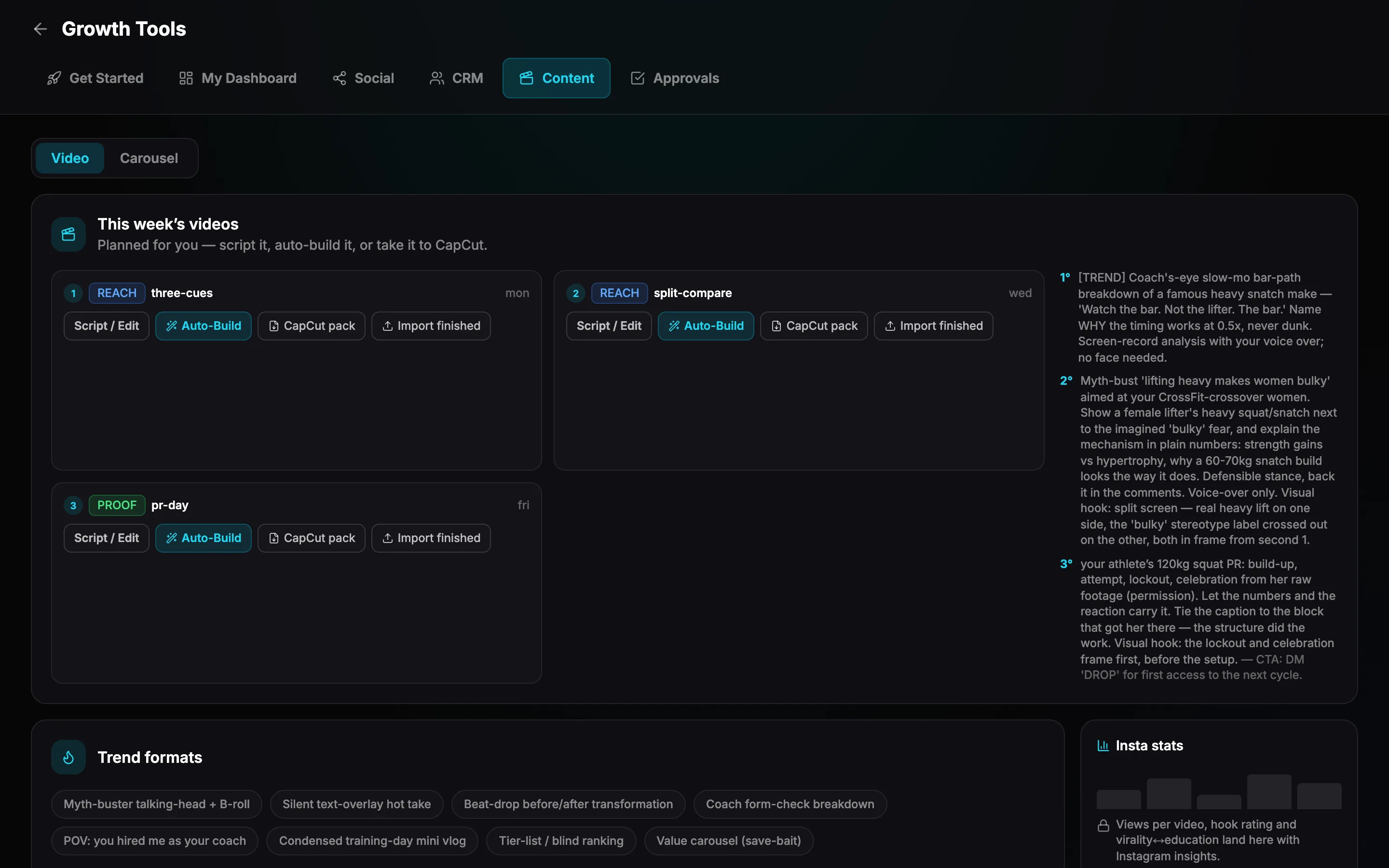 This week’s planned videos, each with script, auto-build and CapCut pack actions, next to trend formats