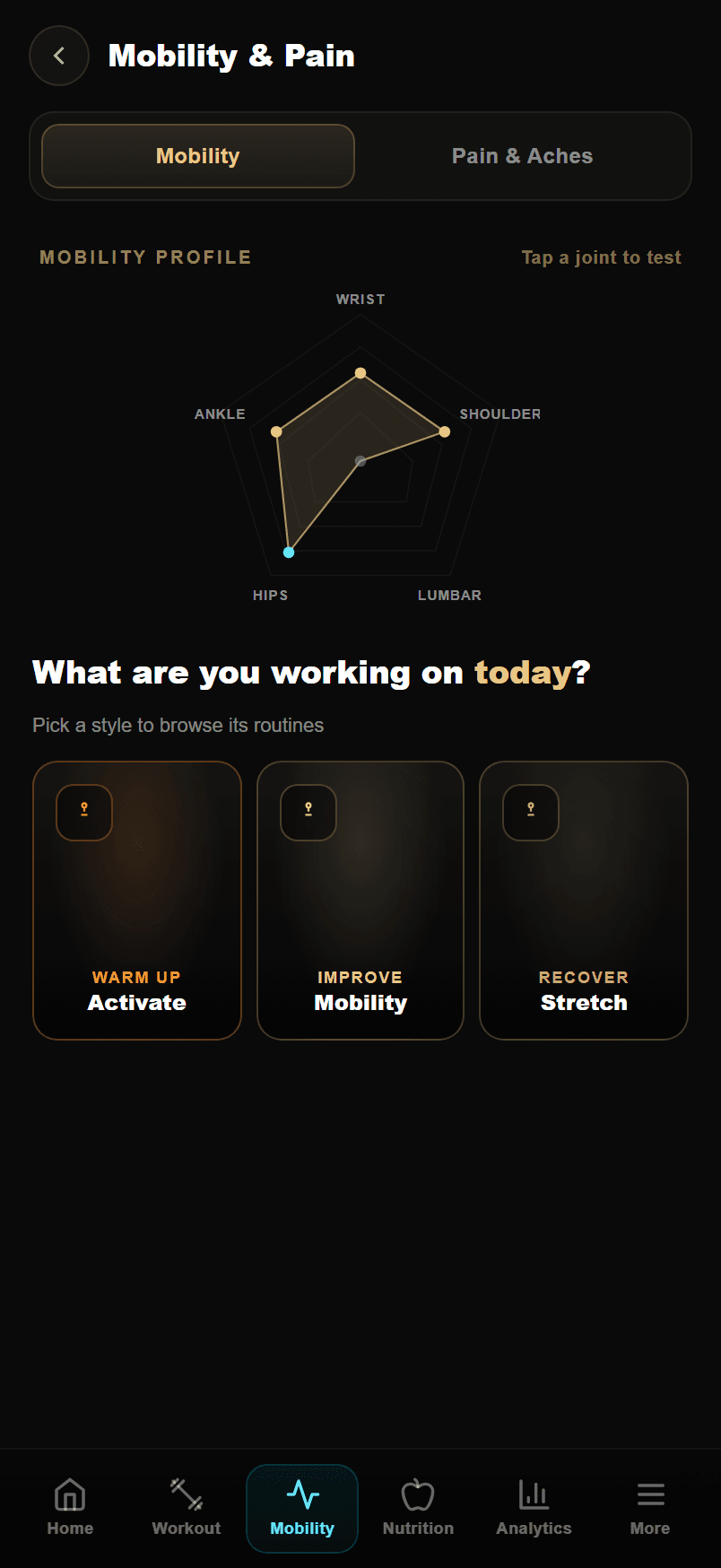 Strength Academy mobility screen with range-of-motion profile and guided routines