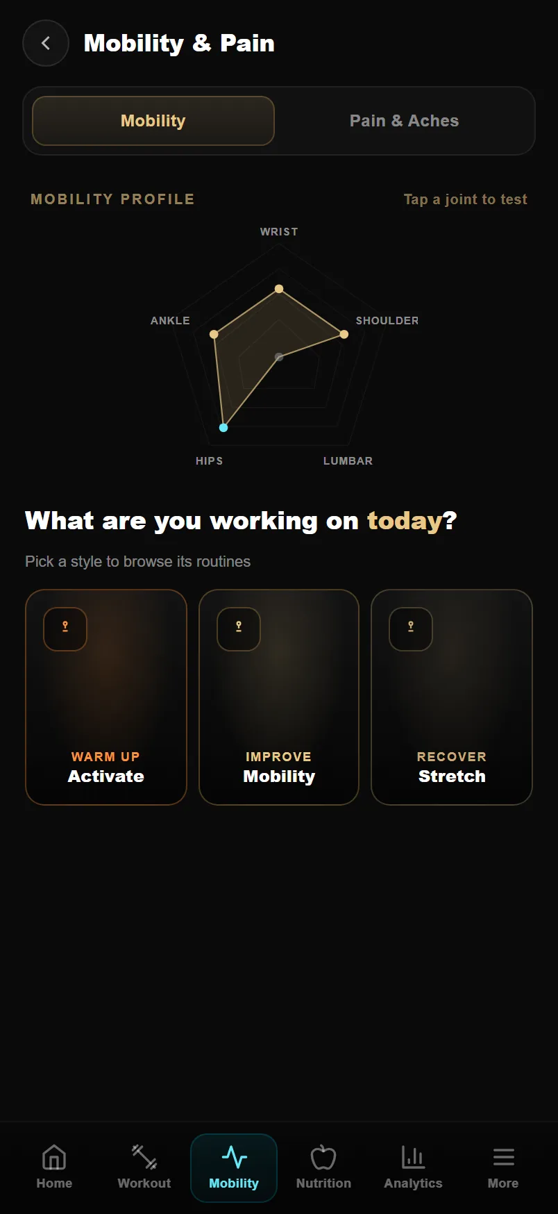 Strength Academy mobility screen with range-of-motion profile and guided routines