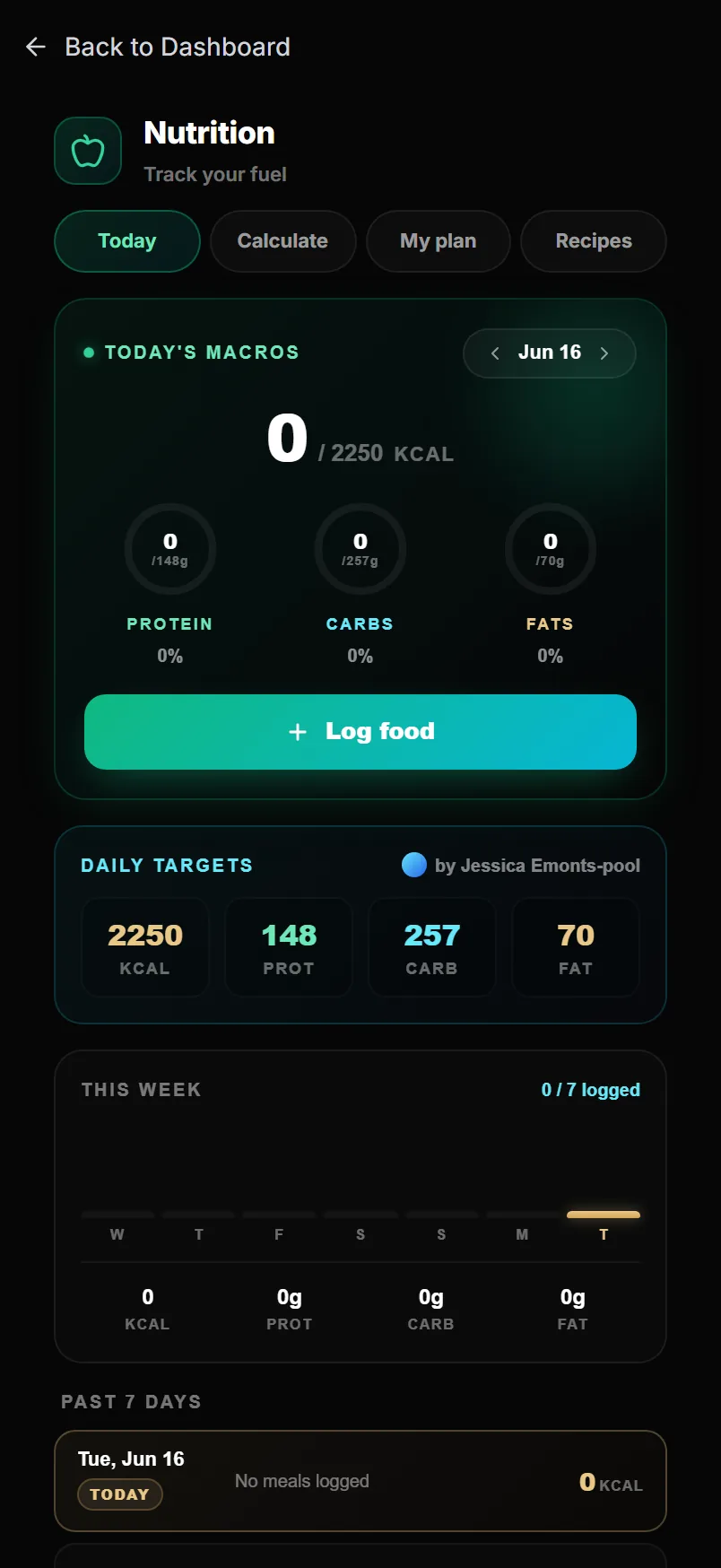Strength Academy nutrition screen with daily macro targets and coach meal plan