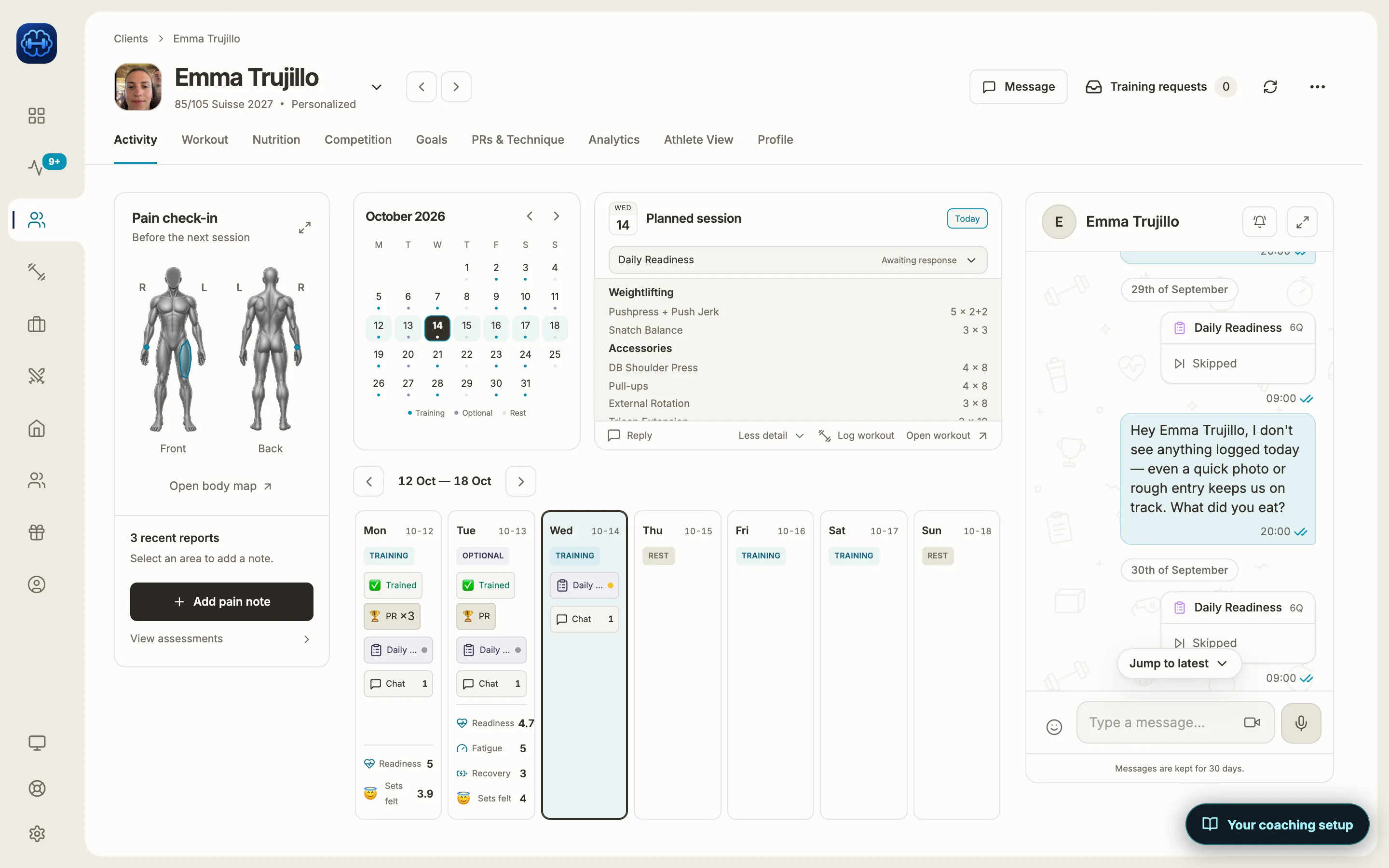 One client’s Activity tab: a pain check-in on the body map, the month calendar, today’s planned session, the week’s days with readiness and chat counts, and the chat on the right with Daily Readiness check-in cards and a message from the coach