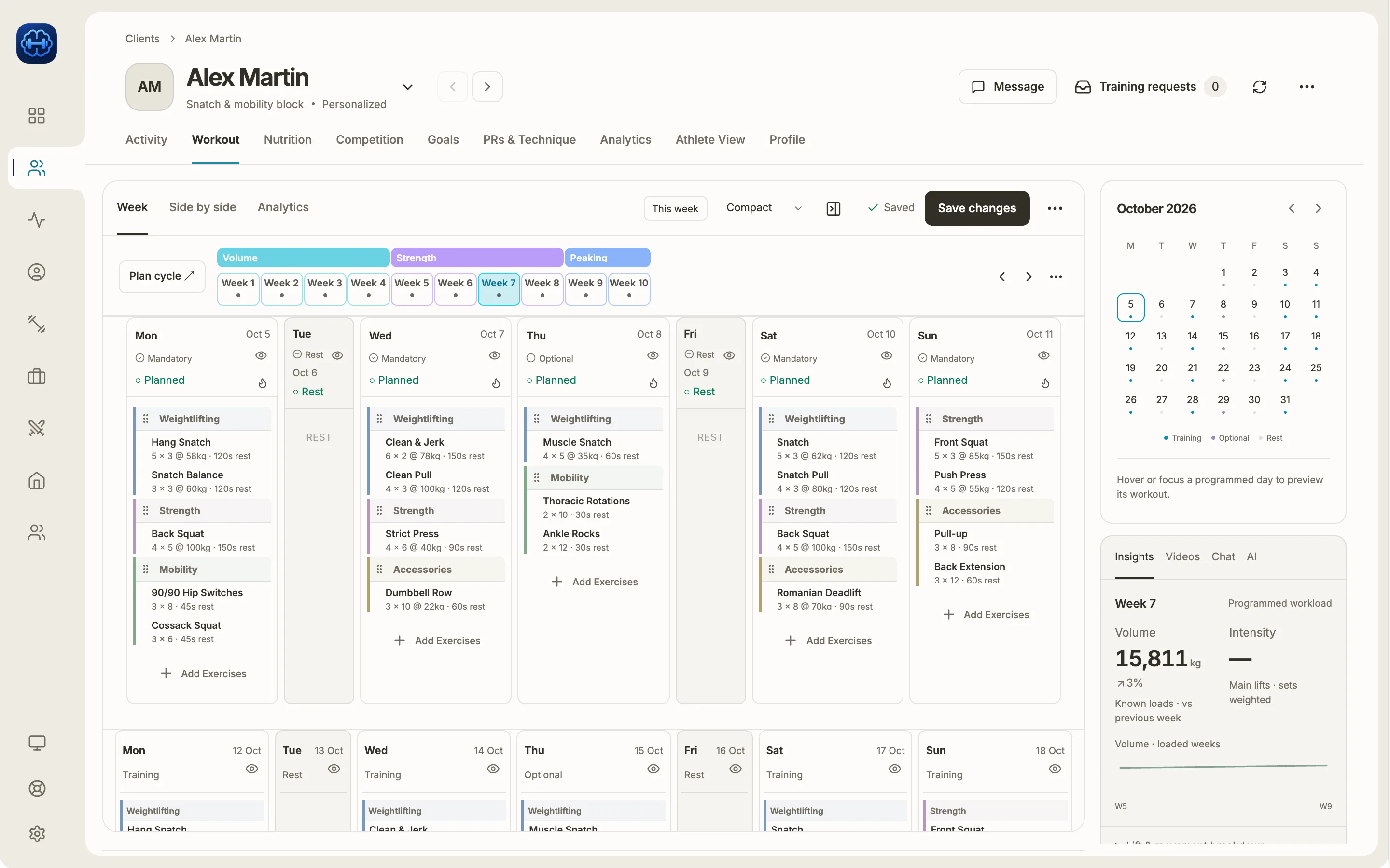 The week builder for Alex Martin: week 7 of a snatch and mobility block, each day split into weightlifting, strength, mobility and accessory exercises written as sets, reps and kilos, with the Insights panel showing 15,811 kg of volume