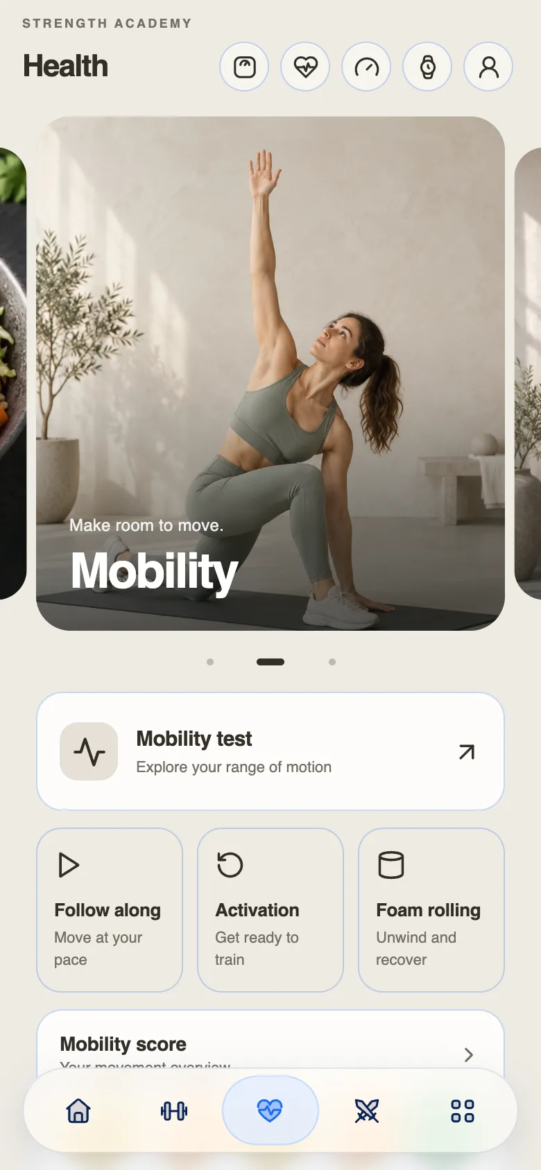 Der Health-Tab auf dem Handy eines Kunden, geöffnet bei Mobility, darunter ein Mobilitätstest