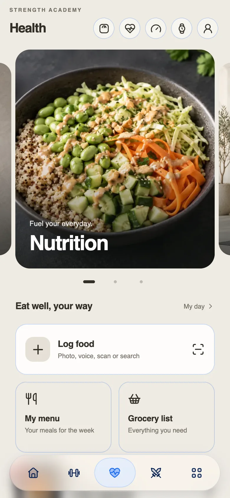 Der Health-Tab bei Nutrition: Mahlzeiten per Foto, Sprache, Scan oder Suche erfassen, mit Speiseplan für die Woche und Einkaufsliste