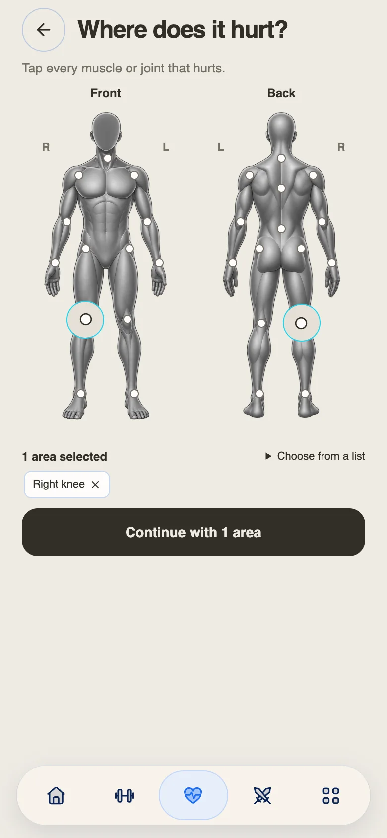 The pain check-in body map: the client taps where it hurts, here the right knee