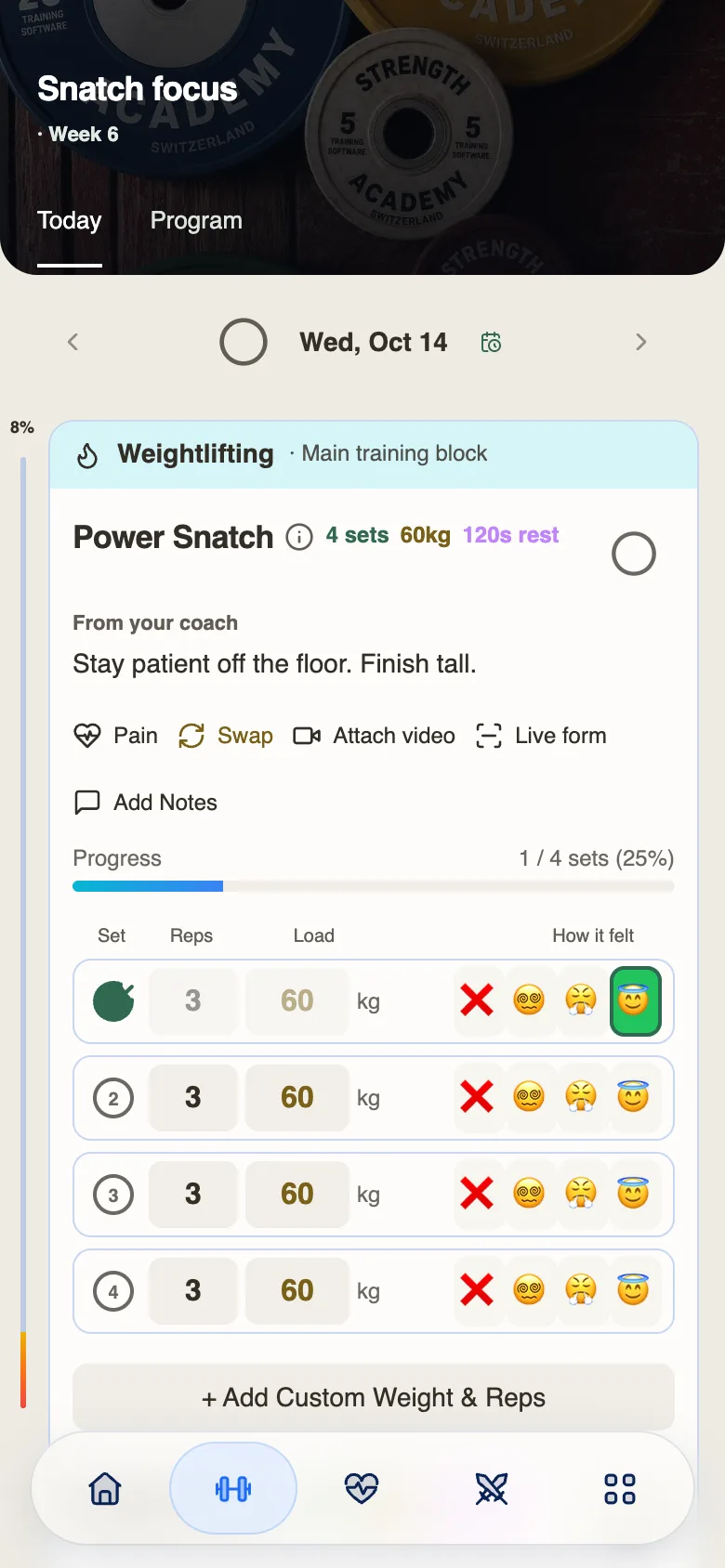 A Power Snatch in the workout logger with the coach’s note, four sets and how each set felt