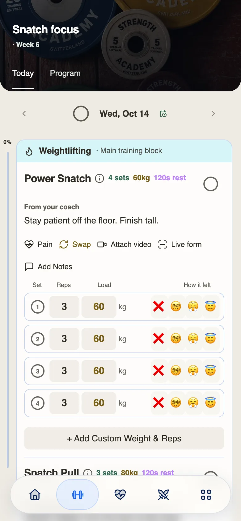 A lifter’s snatch session on a phone: power snatch for 4 sets of 3 at 60 kg, the coach’s cue and how each set felt