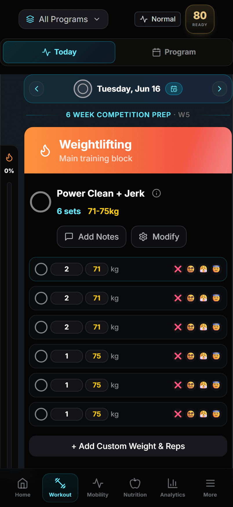 Logging a session set by set in the Strength Academy app