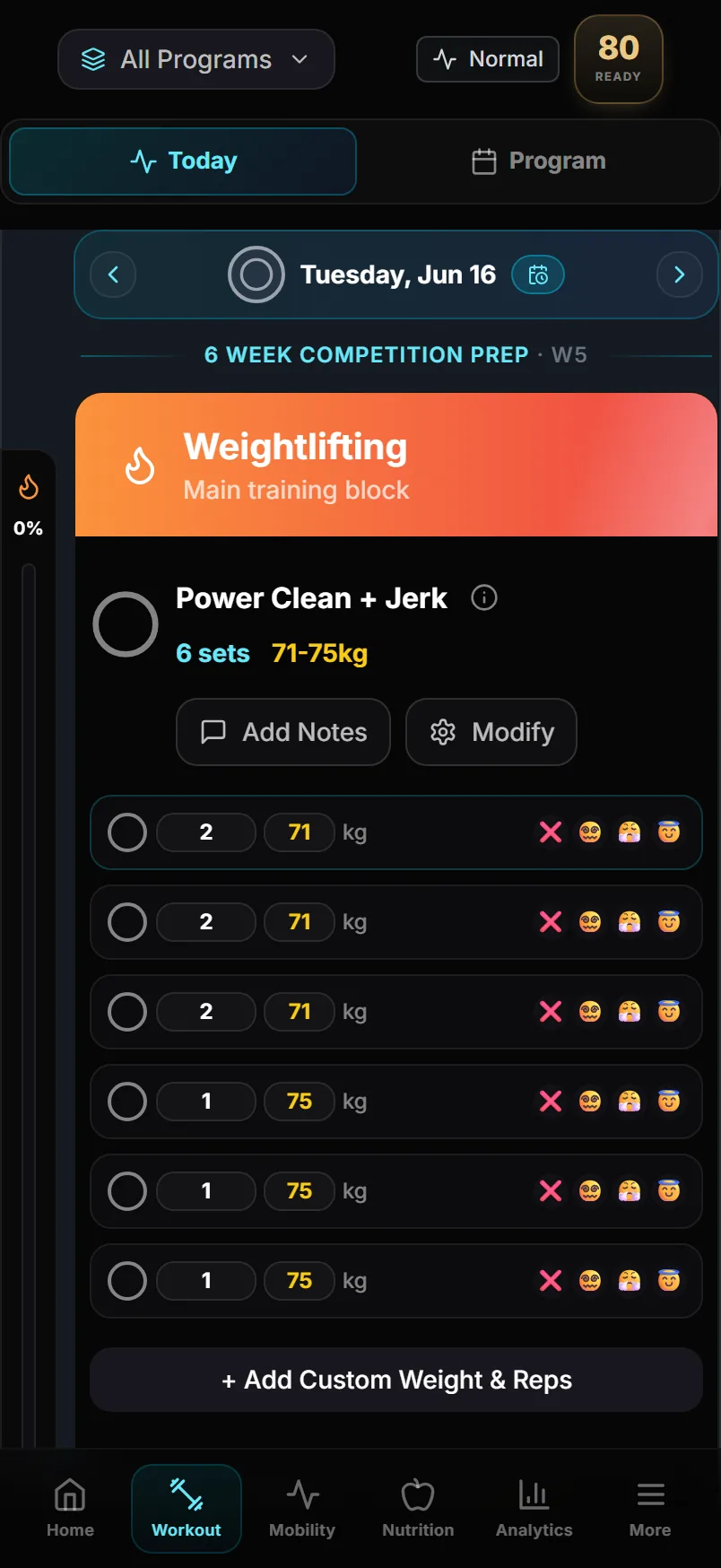 Strength Academy workout logger showing sets, reps and load for the day's training block