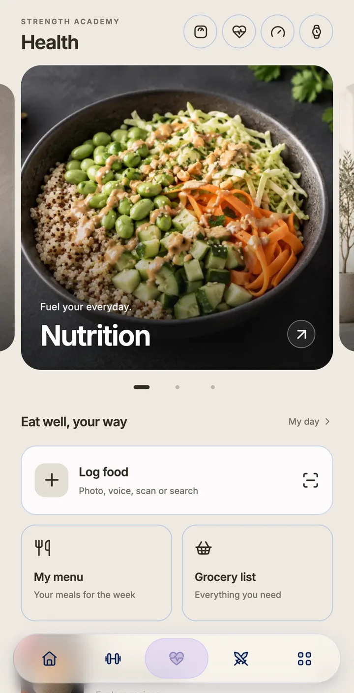 Scrolling the Nutrition area of the Health tab: log food, my menu, grocery list and recipe ideas